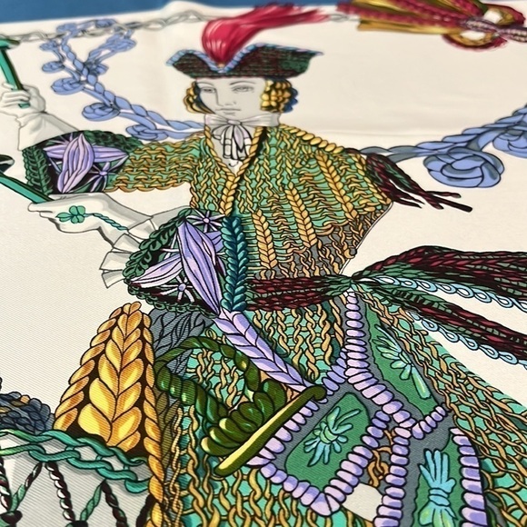 Hermès Blue "La Timbalier" Carré 90 Silk Scarf and Ring Authentic - Picture 7 of 14